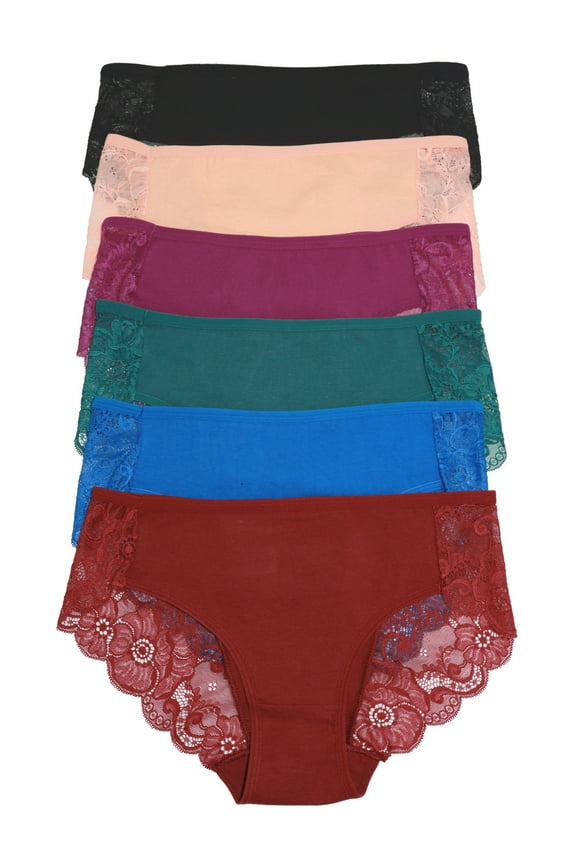 Women's Cotton Hiphugger Panties with Back Lace Accent (6-Pack)