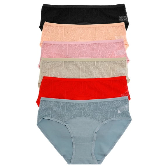 Angelina Women's Cotton Hiphugger Panties with Floral Lace Panel (6-Pack)