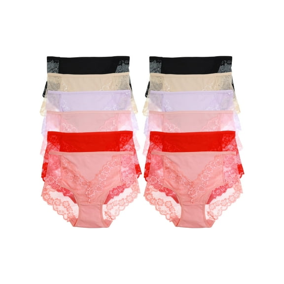 Angelina Women's Cotton Mid-Rise Brief Panties with Lace Accent (12-Pack)
