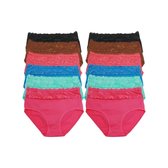 Angelina Women's Cotton Mid-Rise Briefs with Floral Lace Front Waist (12-Pack)