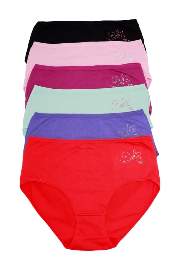 Women's Cotton Mid-Rise Briefs with Rhinestone Flower Design (6-Pack)
