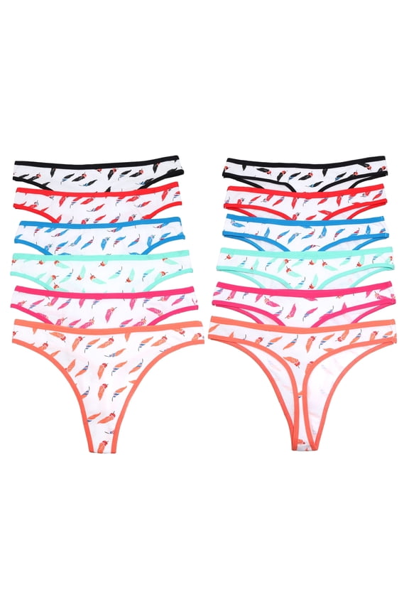 Women's Cotton Thong Panties with Feather Print Design (12-Pack)