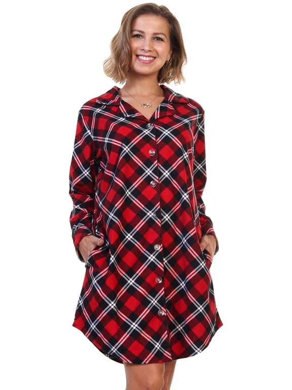 Women's Flannel Button Down Sleep Shirt Dress Pajama (1-Pack)