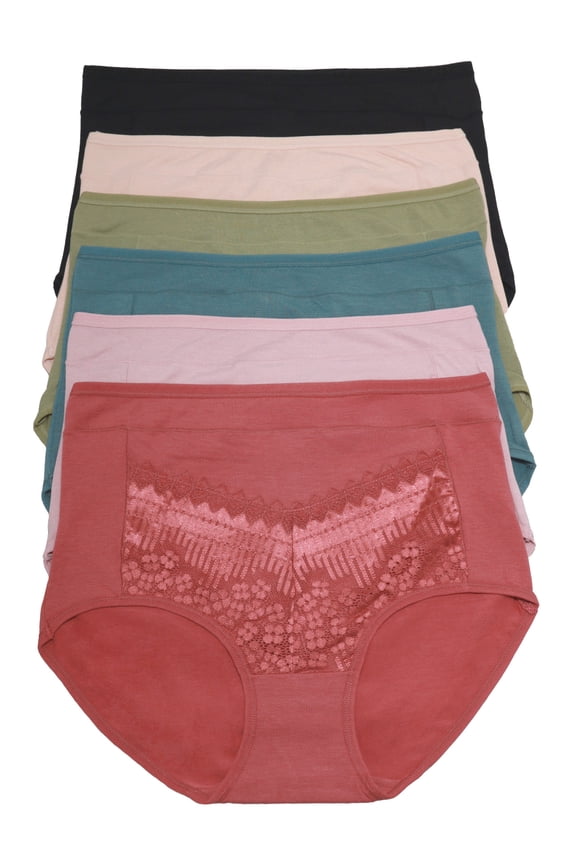 Women's High Rise Lace-Embellished Cotton Brief Panties (6-Pack)