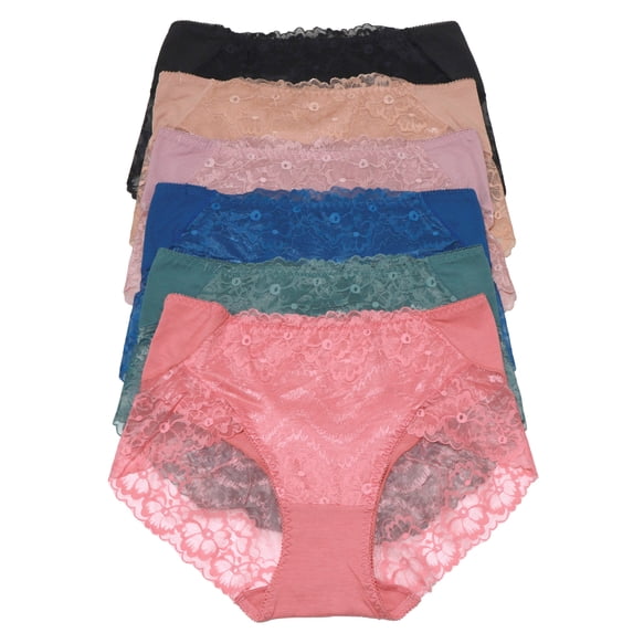 Angelina Women's Mid Rise Cotton Brief Panties with Lace (6-Pack)