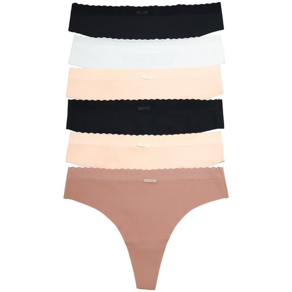Angelina Women's Nylon Laser Cut Thong with Scalloped Waistband (6-Pack)