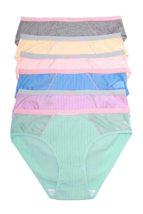 Women's Ribbed Cotton Bikini Panties with Mesh Panels (6-Pack)