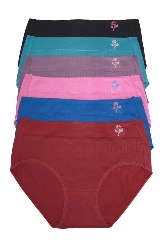 Women's Ribbed Hiphugger Panties with Rose Detail (6-Pack)