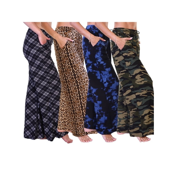 Angelina Women's Wide Leg Mid-Rise Palazzo Pants with Pockets, 4-Pack (S-M)
