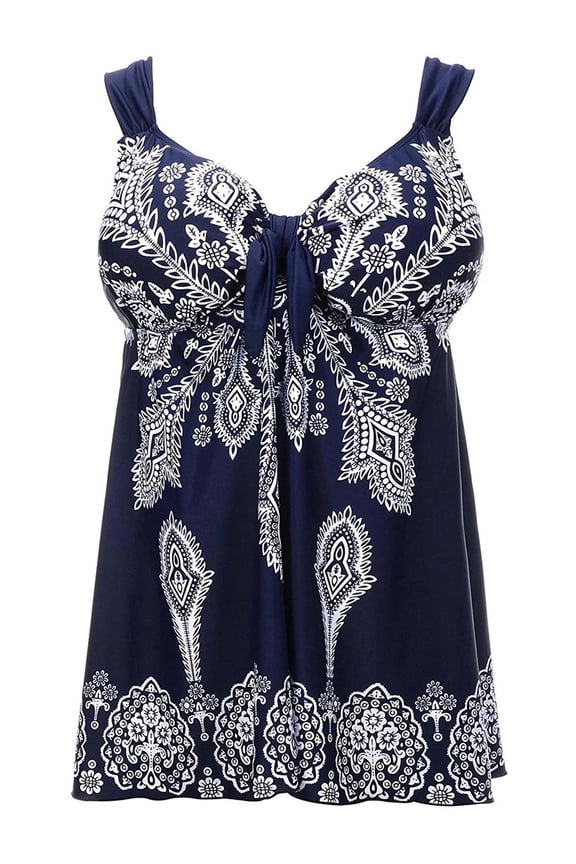 Women's Plus Size Navy Retro Print Fashion Pin Up Swimdress Style Swimsuit Tankini Set- Navy 16