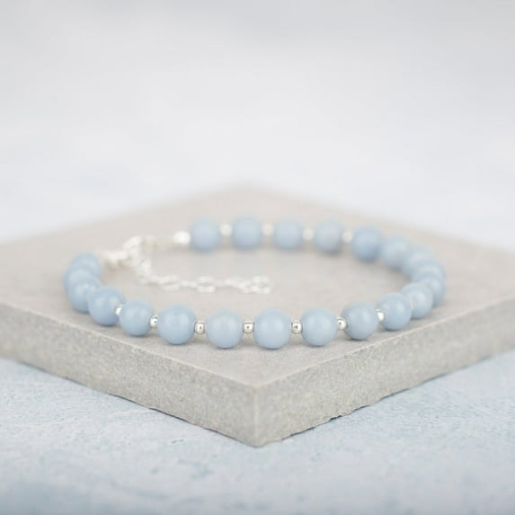 Angelite 8mm Round Shape Smooth Cut Beads 7 inch Silver Plated Clasp Bracelet for men, women, unisex. Link Chain Stacking Bracelet.|LINK_00521