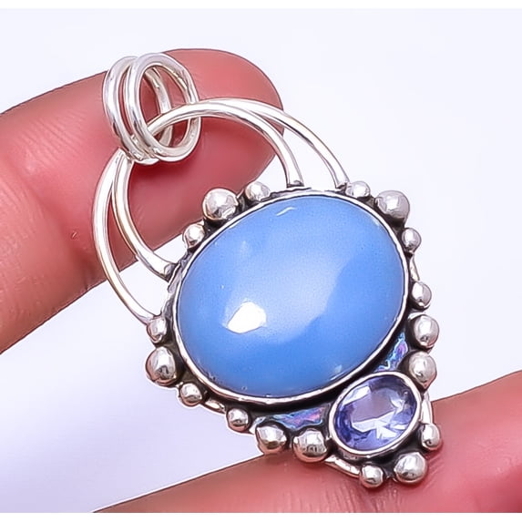 Angelite Jasper - Peru & Iolite Gemstone 925 Sterling Silver Pendant 1.83" A395, Beautiful Jewelry For Woman, New Year Sale, Valentin's Day Gift