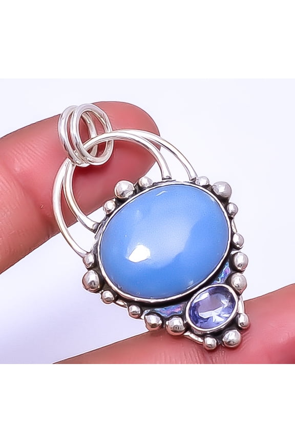 Angelite Jasper - Peru & Iolite Gemstone 925 Sterling Silver Pendant 1.83" A395, Beautiful Jewelry For Woman, New Year Sale, Valentin's Day Gift
