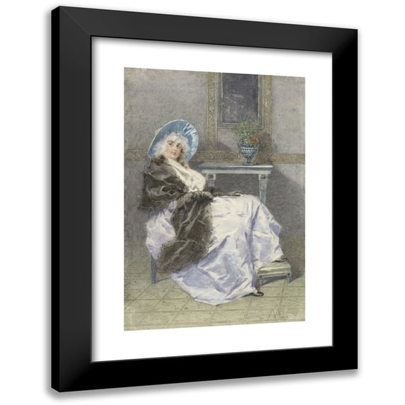 Angelo Achini 13x18 Black Modern Framed Museum Art Print Titled - Sitting Young Woman with Black Shawl and Purple Skirt (1860 - 1930)