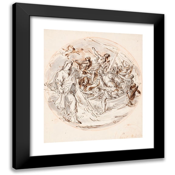 Angelo De' Rossi 12x14 Black Modern Framed Museum Art Print Titled - Tondo with Christ Bidding Peter to Walk on the Water, and a Fragment of Smaller Sketch for the Same (1670 - 1714)