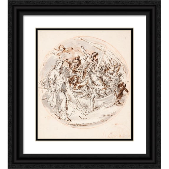 Angelo De' Rossi 15x17 Black Ornate Wood Framed Double Matted Museum Art Print Titled - Tondo with Christ Bidding Peter to Walk on the Water, and a Fragment of Smaller Sketch for the Sa