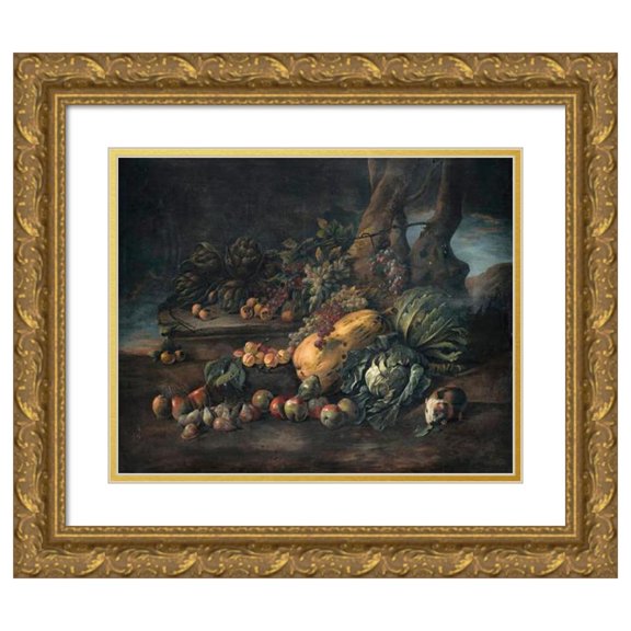 Angelo Maria Rossi 24x20 Gold Ornate Framed and Double Matted Museum Art Print Titled - Still Life of Vegetables on a Forest Floor
