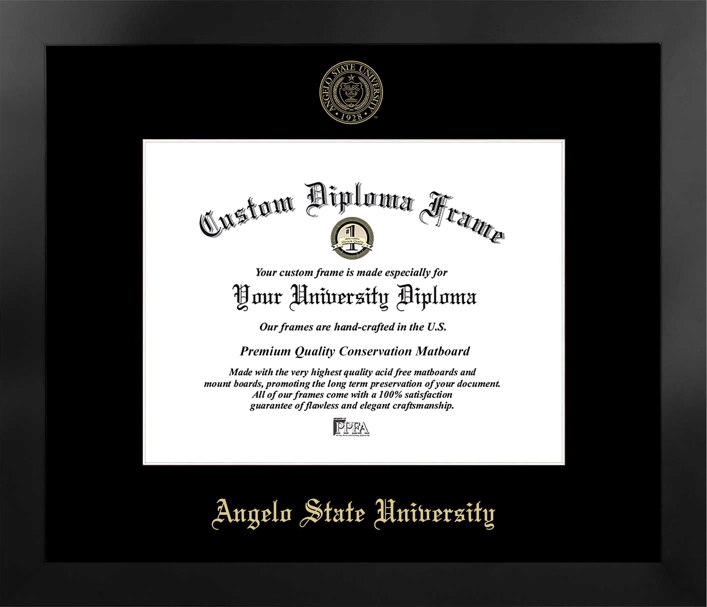 Angelo State University 11w x 8.5h Manhattan Black Single Mat Gold Embossed Diploma Frame with Bonus Campus Images Lithograph (value savings at $59)
