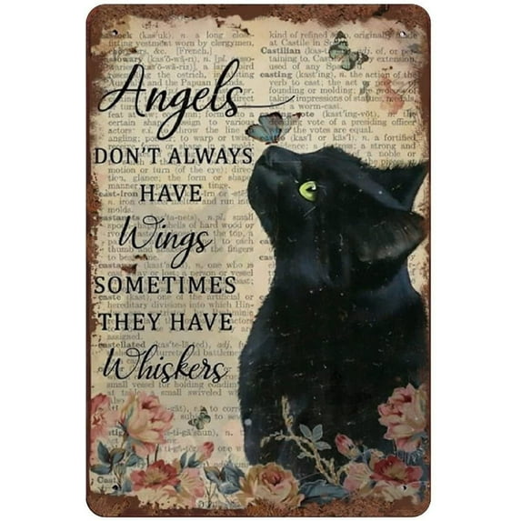 Angels Don't Always Have Wings Sometimes They Have Whiskers Tin Sign Vintage Floral Black Cat Cat Lovers Gift Vintage Metal Sign Plaque Metal Man Cave Bar Pub Club Home Wall Decoration 12x8 Inch