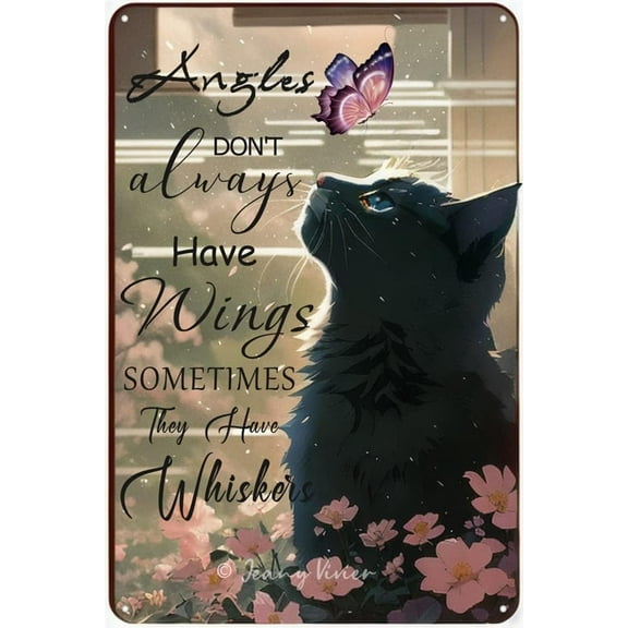 Angels Don't Always Have Wings Sometimes They Have Whiskers Tin Sign, Vintage Floral Black Cat Wall Sign, Cat Angels Wings Tin Plaque, Black Cat Memorial Decor, Cats Gifts 12x16 In