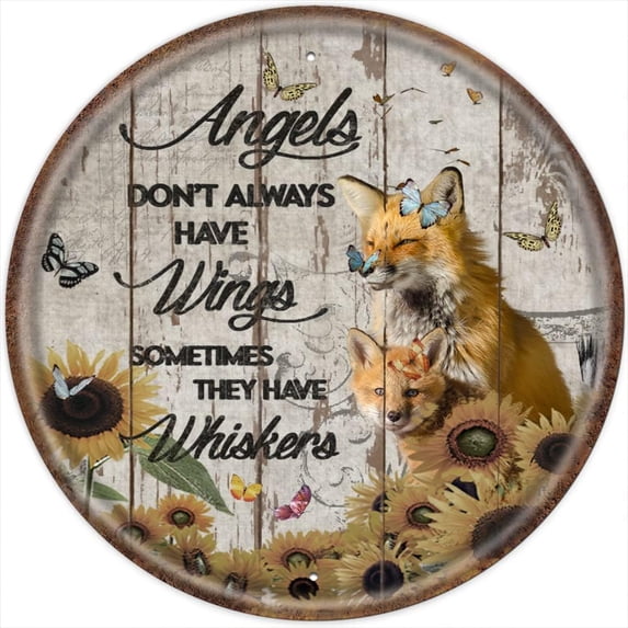 Angels Don't Always Have Wings Sometimes They Have Whiskers Vintage Round Tin Sign Fox Lovers Gift Animal Wall Decor for Home Office Cafes Bars Pubs 12x12 Inch Round Bathroom Decor