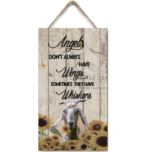 Angels Don't Always Have Wings Sometimes They Have Whiskers Wooden Hanging Sign Goat Wood Sign Inspirational Rustic Wooden Decor for Home Room Kitchen 6x12 Inches