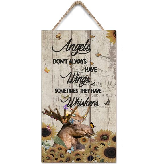 Angels Don't Always Have Wings Sometimes They Have Whiskers Wooden Hanging Sign Moose Hanging Wall Sign Inspirational Rustic Wooden Decor for Home Room Kitchen 6x12 Inches