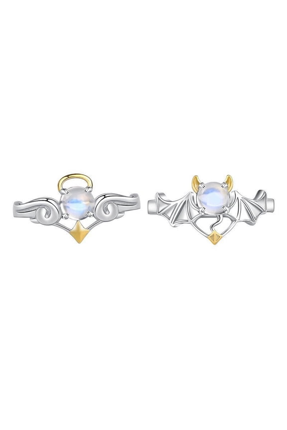 Angels & Demons Couple Rings, Silver-Plated Copper, Adjustable Opening, Moonstone Inlay, Simple Style, Travel Commemoration Gift (2 Rings)