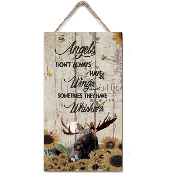 Angels Don't Always Have Wings Sometimes They Have Whiskers Wooden Hanging Sign Moose Lovers Gift Hanging Wall Sign Inspirational Rustic Wooden Decor for Home Room Kitchen 6x12 Inches