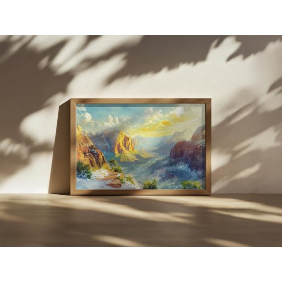 Angels Landing Zion National Park Utah Spring Snow Thaw Southwest Mountain Valley Sunrise Nature Decorative Wall Art Poster , Poster Print Only