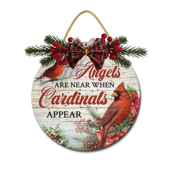 Angels Are Near When Cardinals Appear Sign Front for Door Decoration, 11 in Round Wood Wreaths Wall Hanging Outdoor, Farmhouse, Porch, for Spring Summer Fall All Seasons Holiday Christmas