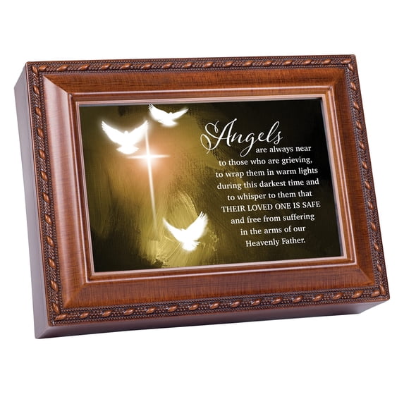 Angels Near Grieving Woodgrain Jewelry Music Box Plays Amazing Grace