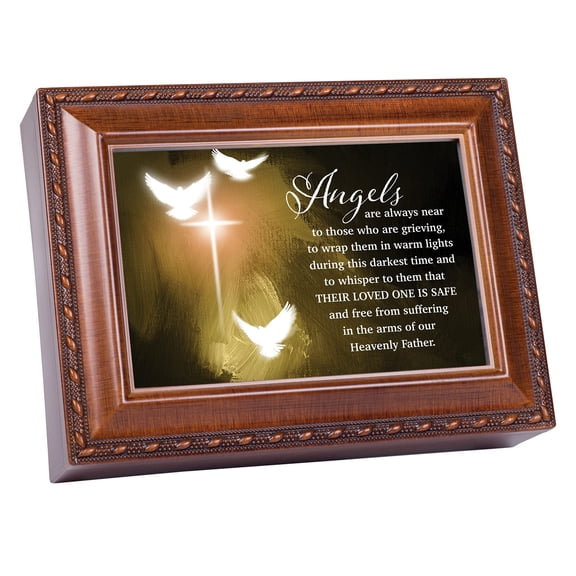 Angels Near Grieving Woodgrain Jewelry Music Box Plays Amazing Grace