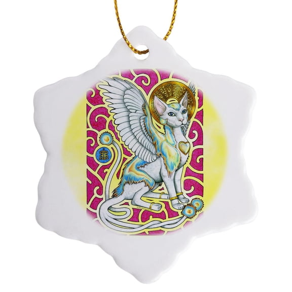 3drose, Angels Walk on Four Paws Fantasy Winged Cat Art, 3 inch Snowflake Porcelain Ornament