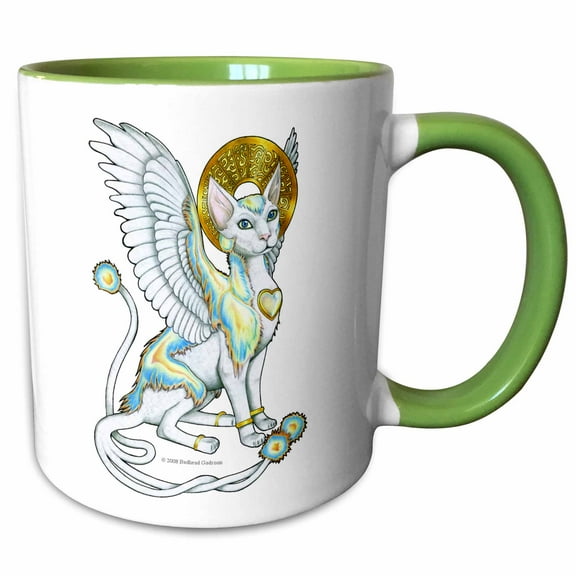 3drose, Angels Walk on Four Paws Fantasy Winged Cat Art on White Background, 11oz Two-tone Green Mug