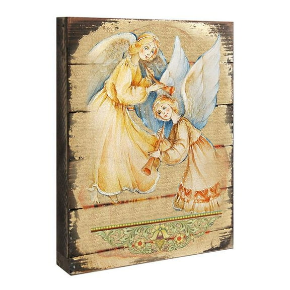 Angels Watching Over You Painting on Gold-Plated Wooden Block