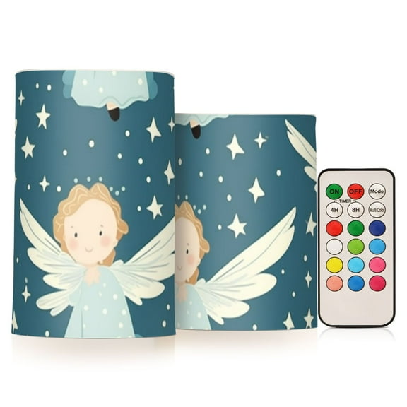 Angels and Star Flickering Flameless LED Candles set of 2 Battery Operated 18-Key Remotes Timer Halloween Fall Decor D3''xH4''5''