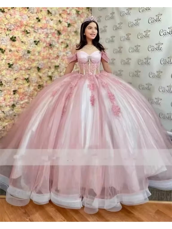 Lace Ball Gown Quinceanera Dresses Off Shoulder Crystal Appliques Sweet 16 Dress Lace -up Vestido 15 Anos SKUESD-Pink-2-26
