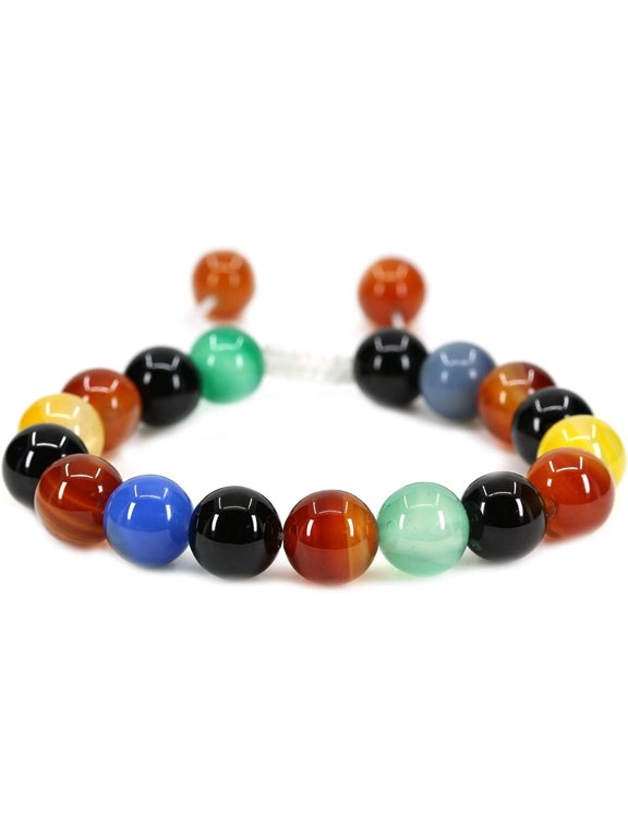 Handmade Gemstone 10mm Multicolor Agate Round Beads Adjustable Braided Macrame Tassels Chakra Reiki Bracelets 7-9 inch Unisex