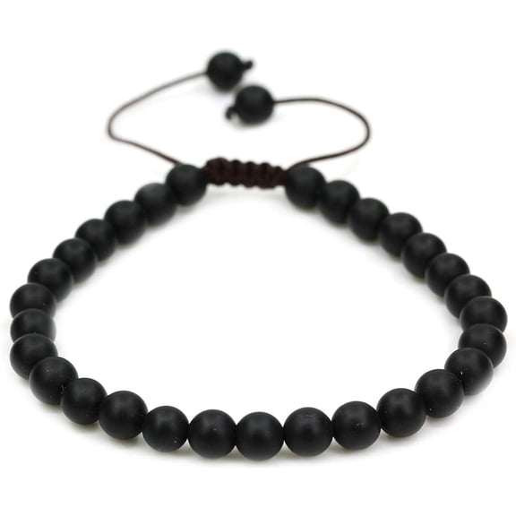 Angelstones Handmade Gemstone 6mm Matt Black Agate Round Beads Adjustable Braided Macrame Tassels Chakra Reiki Bracelets 7-9 inch Unisex