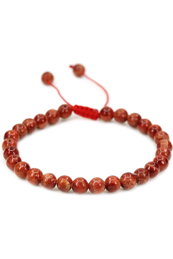 Handmade Gemstone 6mm Red Coral Round Beads Adjustable Braided Macrame Tassels Chakra Reiki Bracelets 7-9 inch Unisex