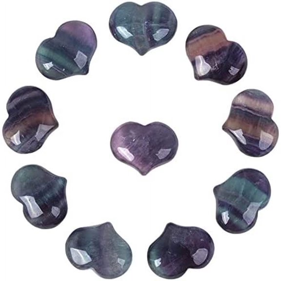 Angelstones Natural 10pcs Rainbow Fluorite Gemstone Healing Crystal 1 inch Mini Puffy Heart Pocket Stone Iron Gift Box