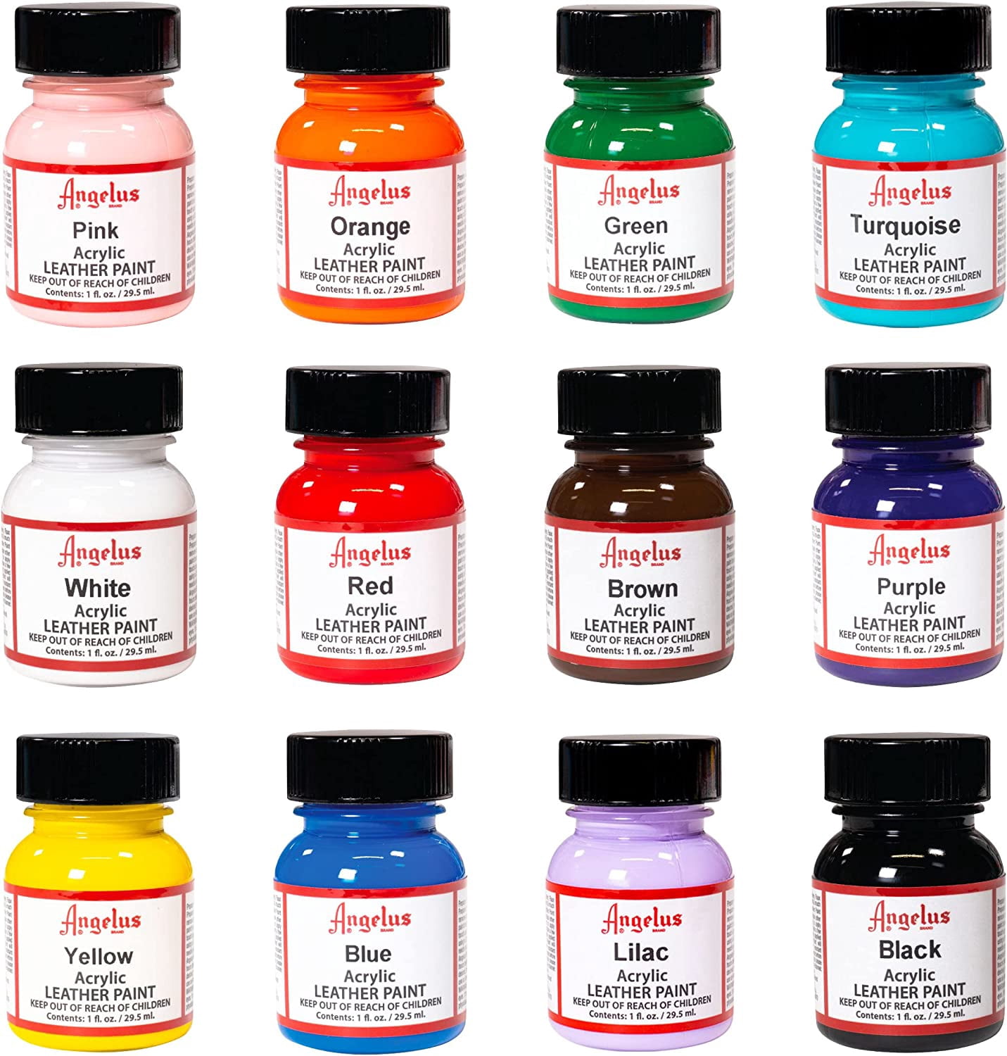 Angelus Acrylic Leather Paint,  Sellers Kit, Flexible Paint For Shoes, Sneakers, Leather, Canvas, Furniture, and More - 12 Colors (1 oz Each)