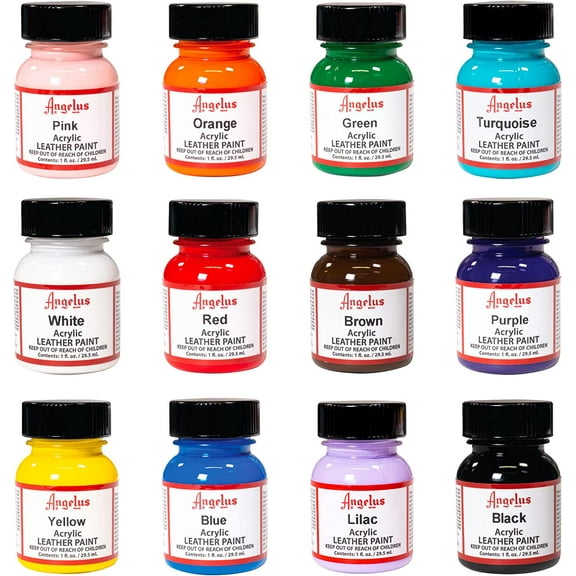 Angelus Acrylic Leather Paint,  Sellers Kit, Flexible Paint For Shoes, Sneakers, Leather, Canvas, Furniture, and More - 12 Colors (1 oz Each)