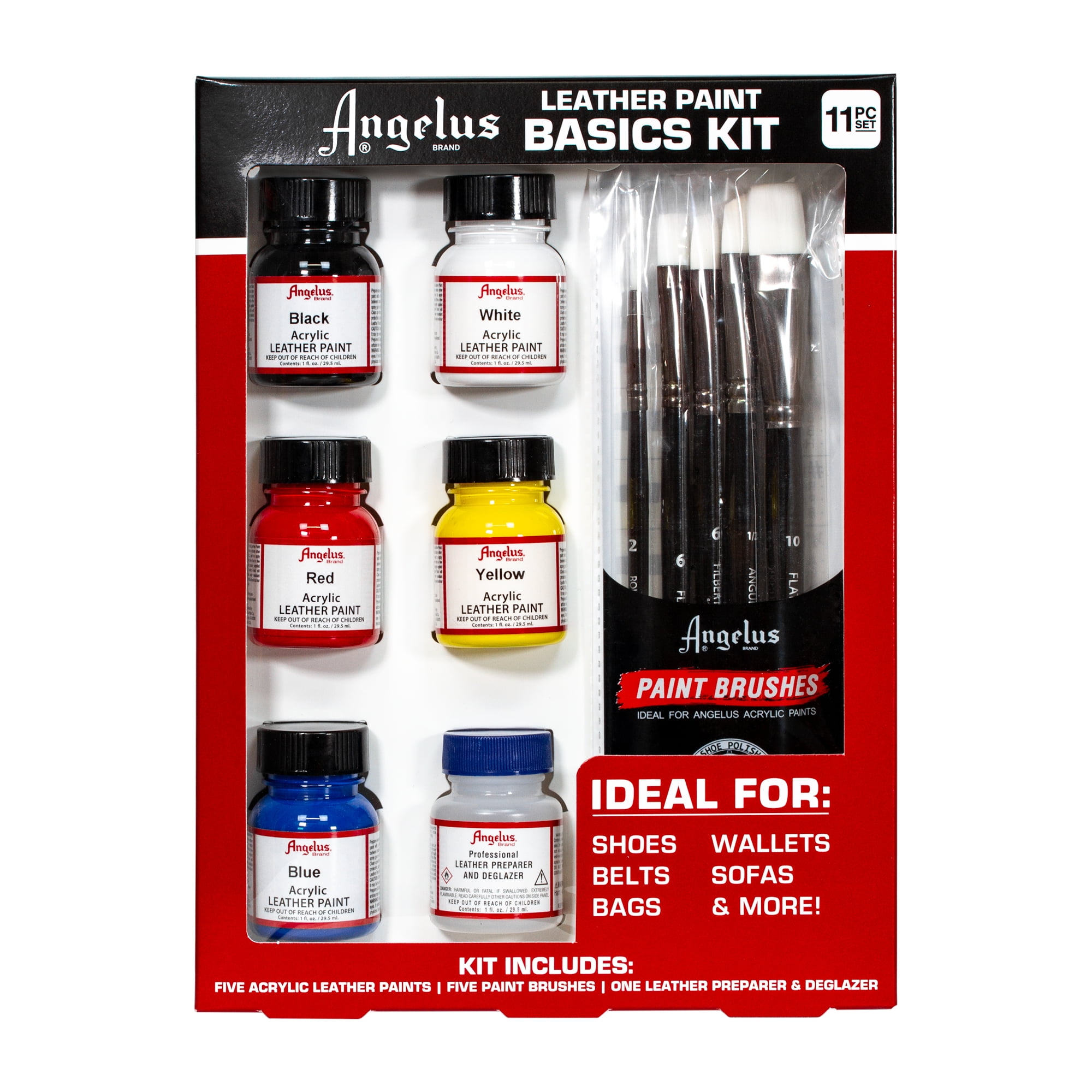 Angelus Leather Paint Basics Kit, Contains 1 Ounce Bottles of Black, White, Red, Blue, Yellow and Preparer, Plus a 5-Piece Angelus Brush Set (799-01-KIT)