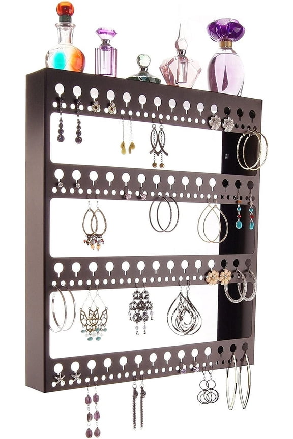 Wall Mounted Big Earring Holder Organizer Display Long Post Stud Large Dangle Hoop Pierced Earrings, Hanging Closet Jewelry Storage Rack with Shelf, Rose Rubbed Bronze 14 1/2"x18"