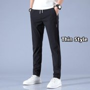 Angfeng Autumn Winter Men's Warmer Fleece Long Thicken Pants Sweatpants Joggers Wide Loose Casual Straight Trousers Drawstring Elastic Waist Pants(Thin Black)XL