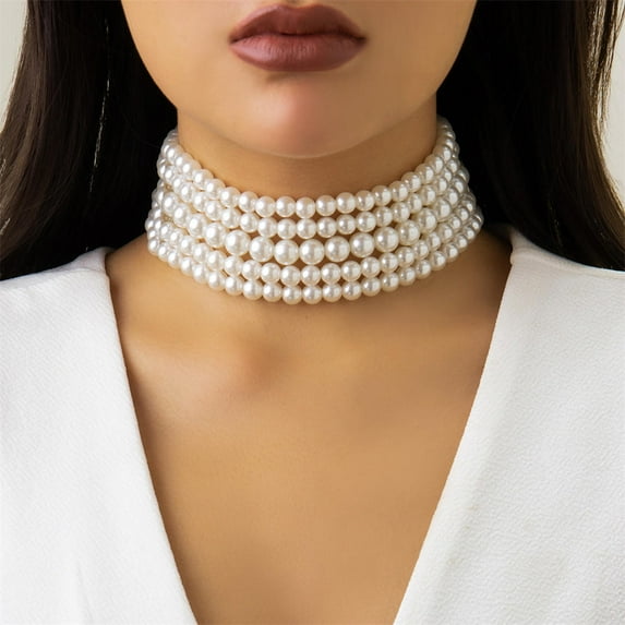 Angfeng Exquisite Multilayer Pearl Choker Fashion Charm Collar Short Necklace For Women Wedding Party Jewelry(5-layer)