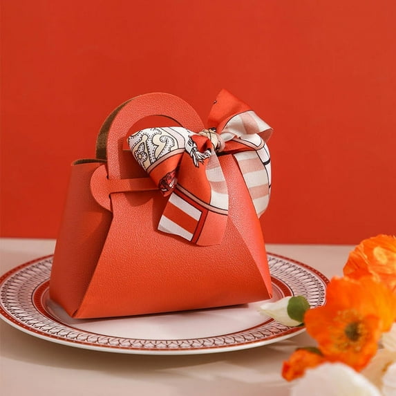 Angfeng Leather Gift Bags Bow Ribbon Packaging Bag Wedding Favour Distributions Bags Eid Mubarak Candy Packaging Box Mini Handbag(Orange)