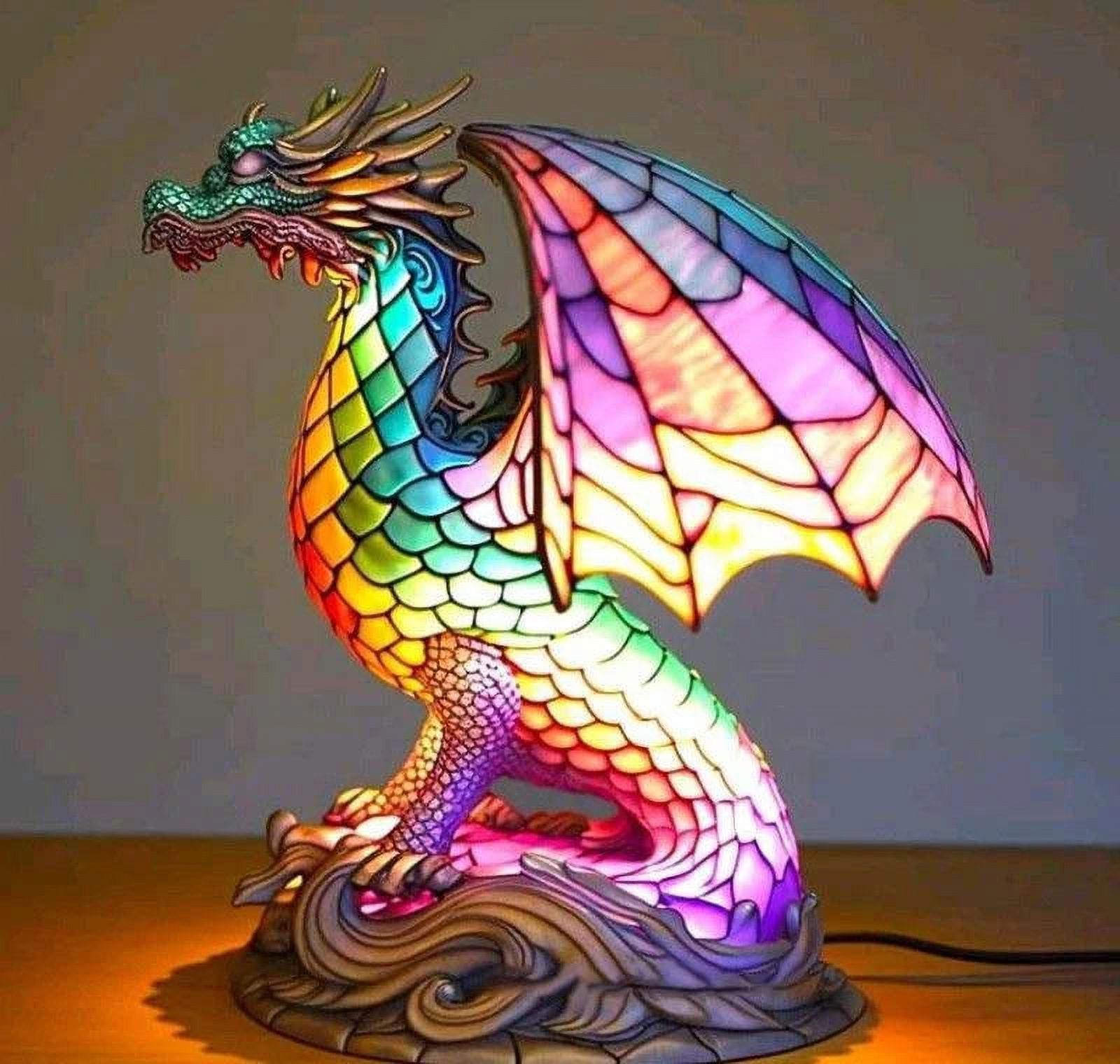 Angfeng Stained Resin Animal Night Light Resin Stained Glass Bedside Light Home Ornament(Dragon)